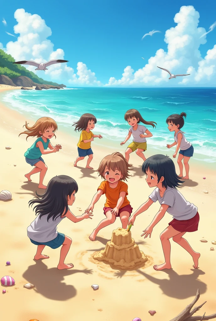 Three girls、Swimwear、Painting with depth、Playing with a beach ball on the sand at the sea、、赤いSwimwear一人、青いSwimwear一人、黄色いSwimwear一人、Over quality、Over-spec、Super cute、Three-dimensional