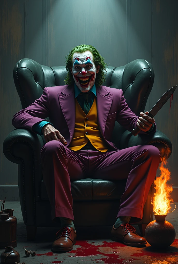 with Joker, Batman's archenemy sitting in an armchair, drink blood. The illustration should be rendered primarily in black, with occasional touches of white to create a sense of depth and atmosphere. No fundo, we think the Joker is inside his victim's house.
Digital concept art with a dramatic twist & Farbe, painted in a dirty way, with stains.
painting-like, detaileds, stains, intrikate, art station, 4K, oil painting-like Inkdrawing