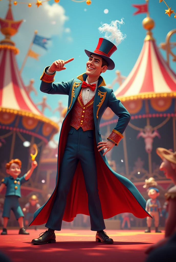A male gentleman wears a top hat that can fly,Around this gentleman was a group of small children,The little ones have smiles on their faces,At this time the sun fell on the gentleman's shoulders