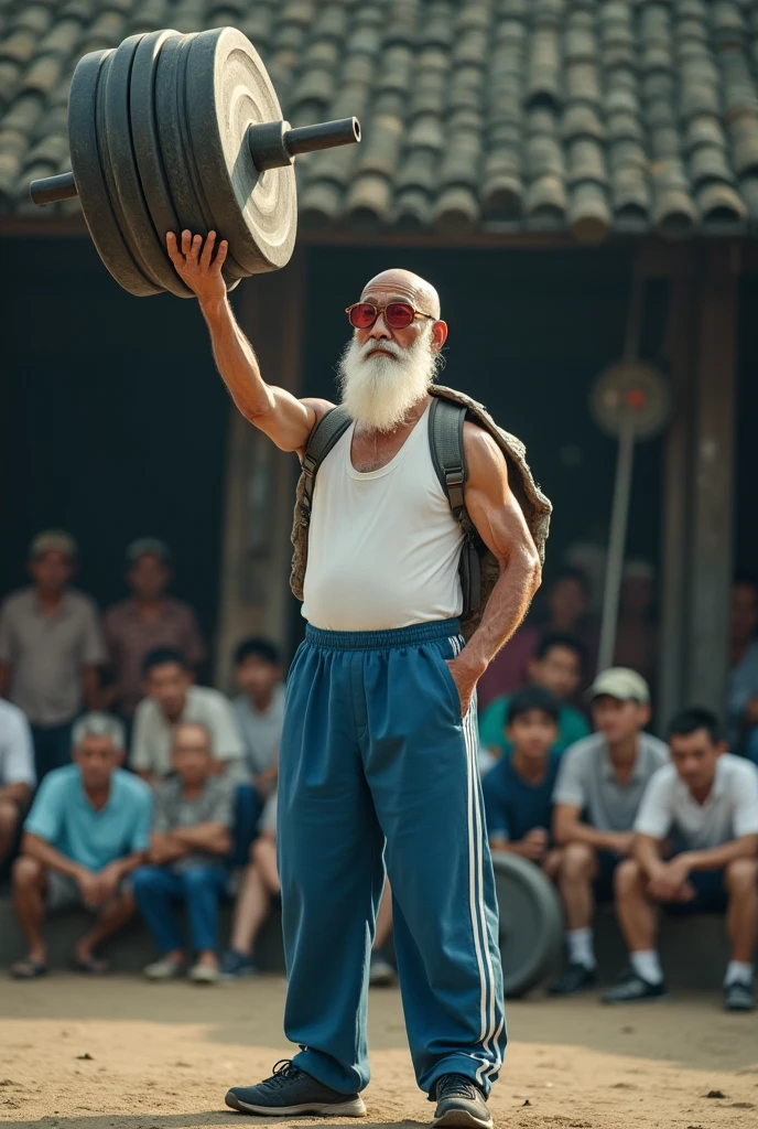 Lifting a 100kg barbell with just the right hand,Thin body,left hand in the trouser pocket,Japanese man, 60 years old, bald head, white moustache,Wearing a large turtle shell on his back,white long beard,Thin body,Sunglasses with red colored eyeglass frames,White singlet,Long blue training pants with white stripes on the sides,Black sports shoes,Lifting a large barbell weighing 100kg high with one hand,One hand in his trouser pocket,The background temp vitnes with a crowd of Japanese men 20 years old Yeng shows it with an amazed expression,Very realistic, finest details, very natural, cinematic,Lifting a giant barbell high with just one hand,Very thin body, a bit short, thin face,Lifting a 100kg barbell with just one hand