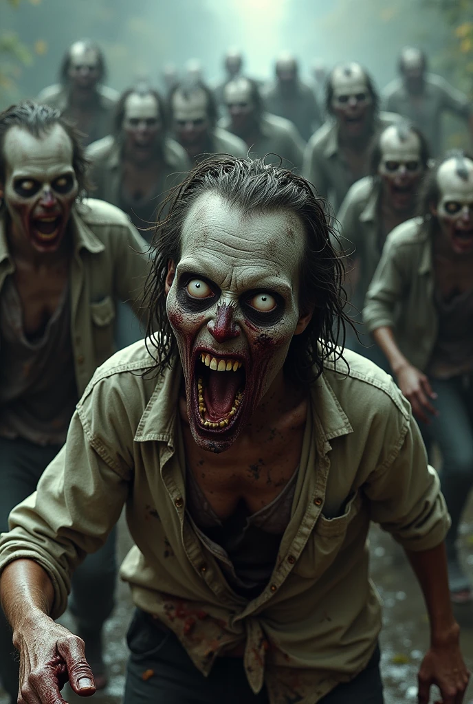(high resolution, 8k, photorealistic, hyper detailed, masterpiece, exquisite, vivid colors, perfect composition, intricate details,Best Quality, 8K, Masterpiece: 1.2, Photorealistic: 1.37, HDR, UHD),image of a full-body group of zombies,image 3D,