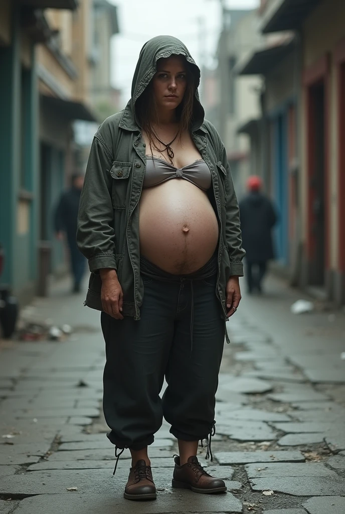 dark scene, dark night, long shot, a pregnant woman walking alone in a dark street of a Brazilian city, wearing jeans and black sweatshirt, lights out, creepy ambience, horror scene, scary