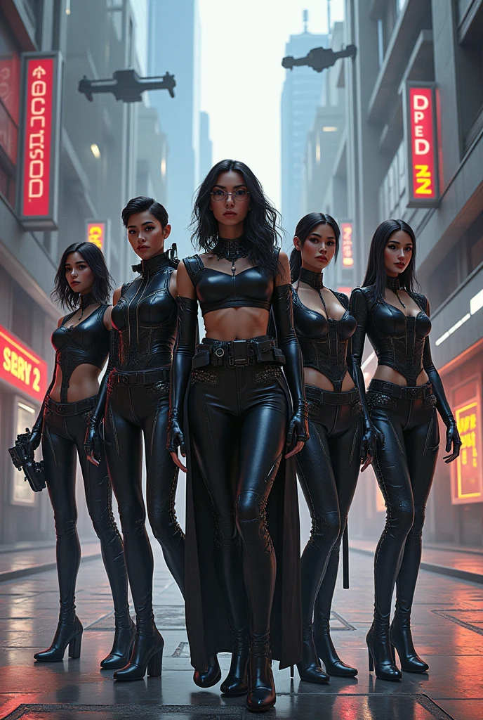 High resolution, Science fiction, cyberpunk, sexy, provocante, overwatch pharah, Brigitte, Symmetra and Tracer smile as they walk towards us.