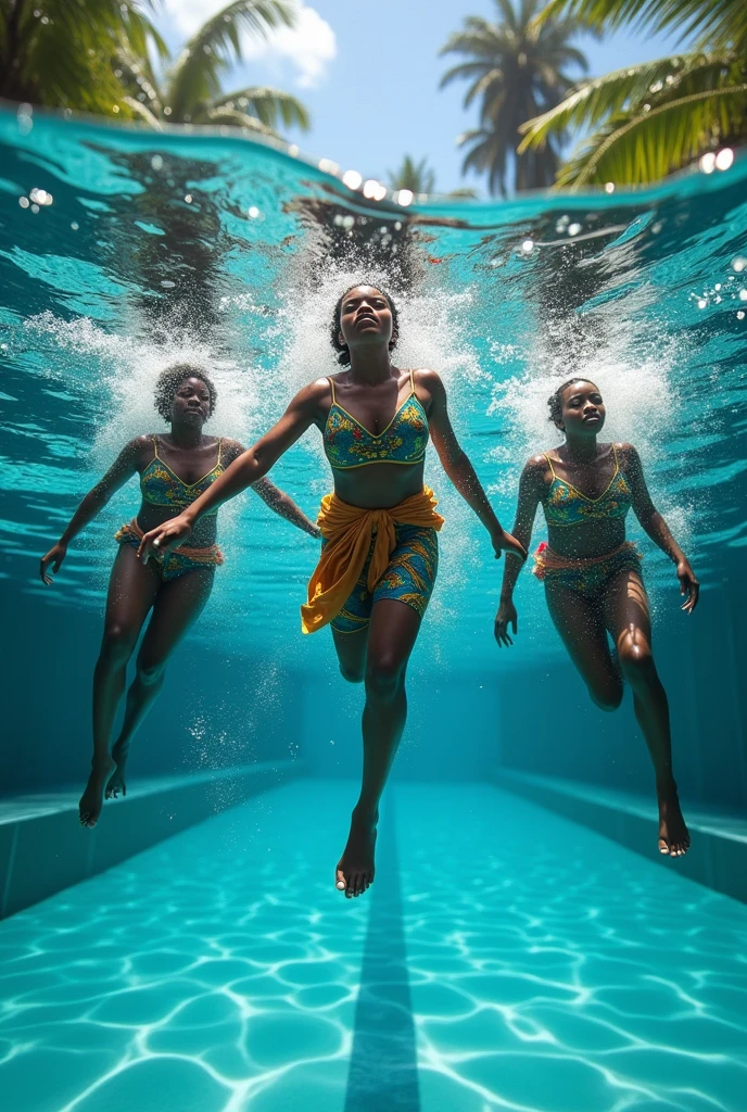 mulher de pele negra, huge clear water ocean with sharks and children swimming