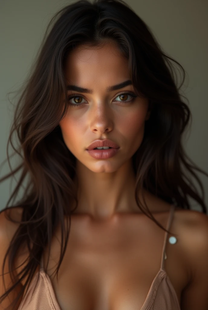 Latin woman with straight hair, green eyes, completely naked
