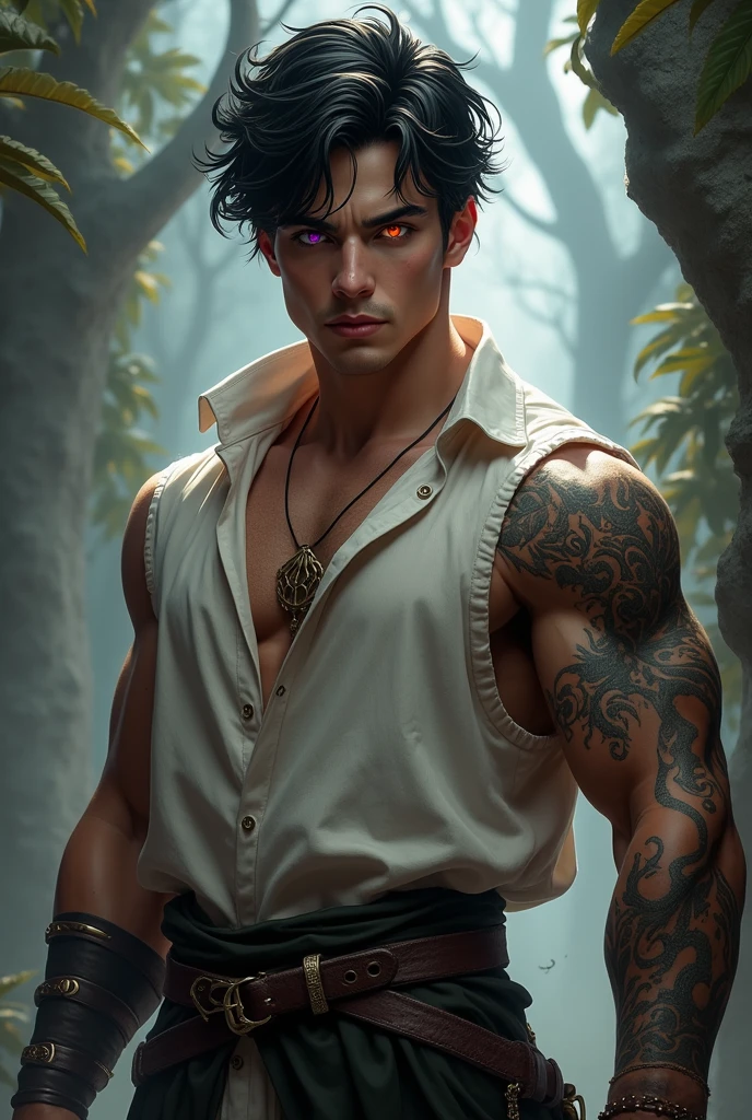 4K, high resolution, best quality, masterpiece, Perfect color, Perfect Shadow, Perfect lighting, ((portrait)), ((Handsome man)), Perfect male body, Short hair details,Topless,Delicate face, Perfect face, (stand up), Detailed background, (Exquisite eyes),Arm tattoo,((forest)),emaciated,The character is at the bottom of the picture