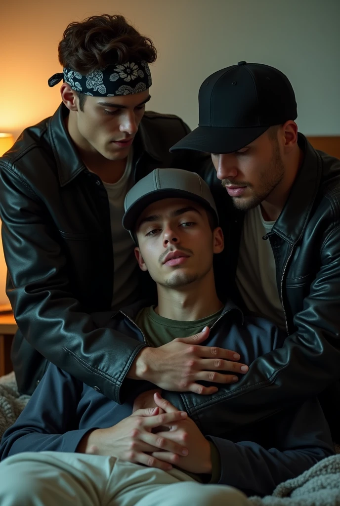 green eyed man, Light brown hair, He wears a black leather jacket with a Nazi swastika armband , penetrating another man through the anus, whose head is shaved, and behind him a third naked young man