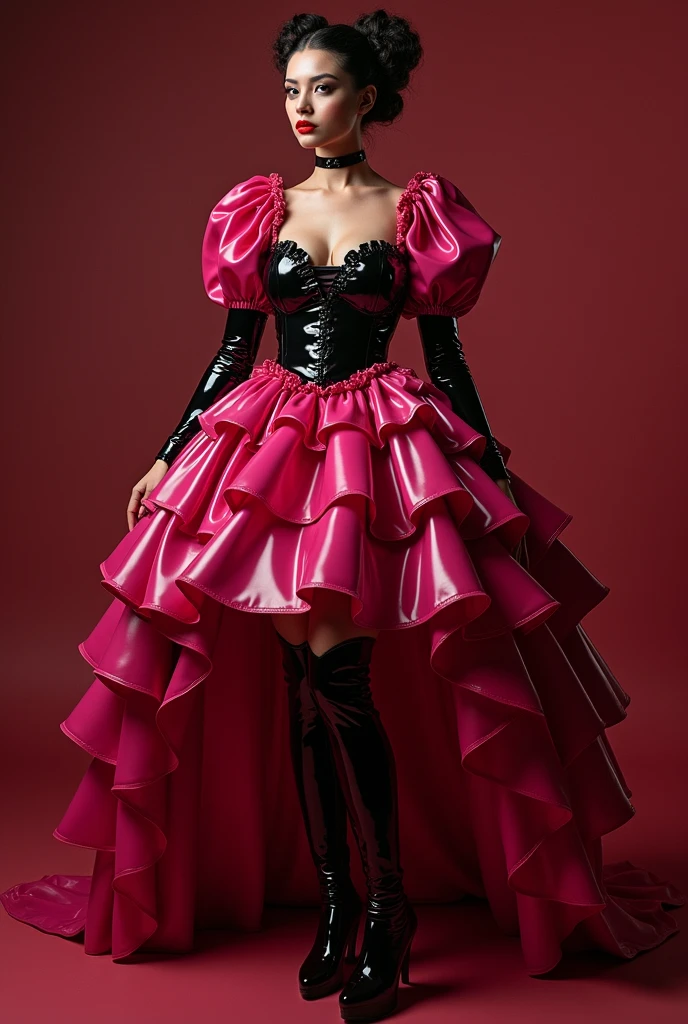 slim latex magenta maid, puff sleeve, many ruffles, neckline,very very red lips, show the whole body, verkneehigh latex boots, voluminous skirt, The whole dress touches the floor, (vagina), (shaved pussy)