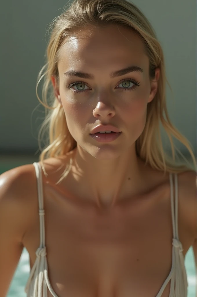 hyperrealism, (photorealistic:1.2), (film grain:1.3), masterpiece, best quality, perfect detail, cinematic lighting, professional photo, realistic photo, raw photo, (from above:1.3), photo of a beautiful American woman 30 years old, (big green eyes),  , thin cheekbones, (puffy lips: 1.3), short hair, blond hair, curvy figure, cleavage, white retro bra, looking at the viewer, kneeling, dark room.