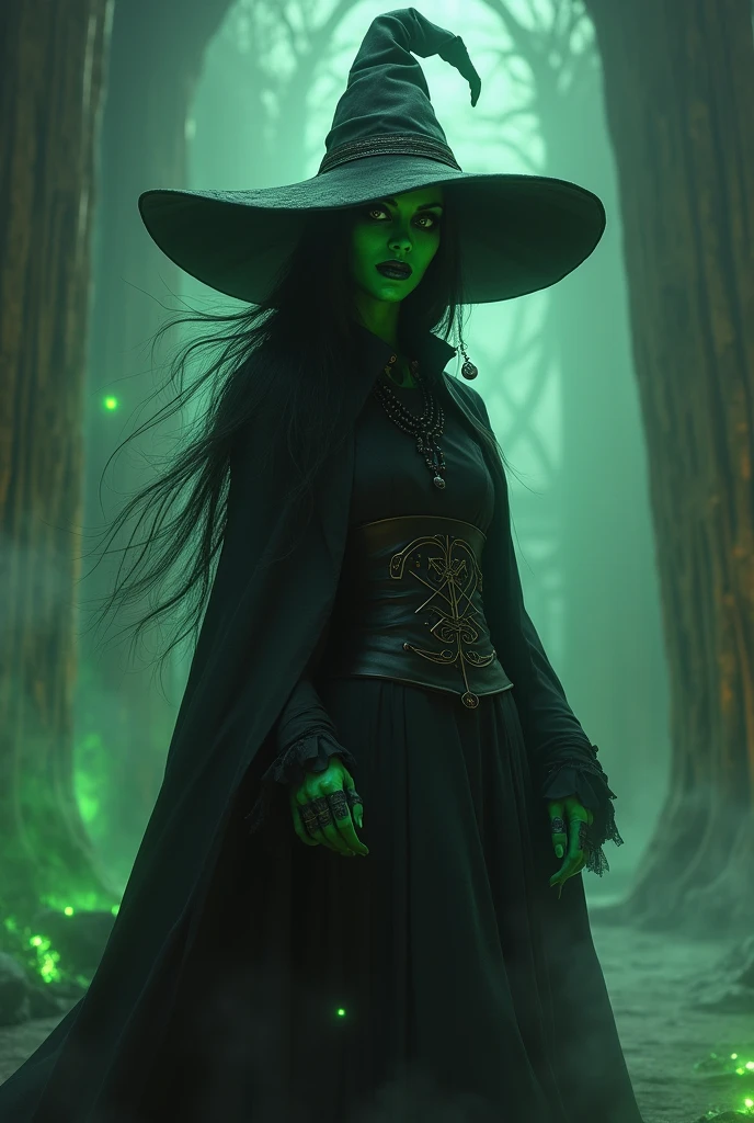Witch, black pointy hat, green skin, big breast, huge hips, fat, black gown, bare feet