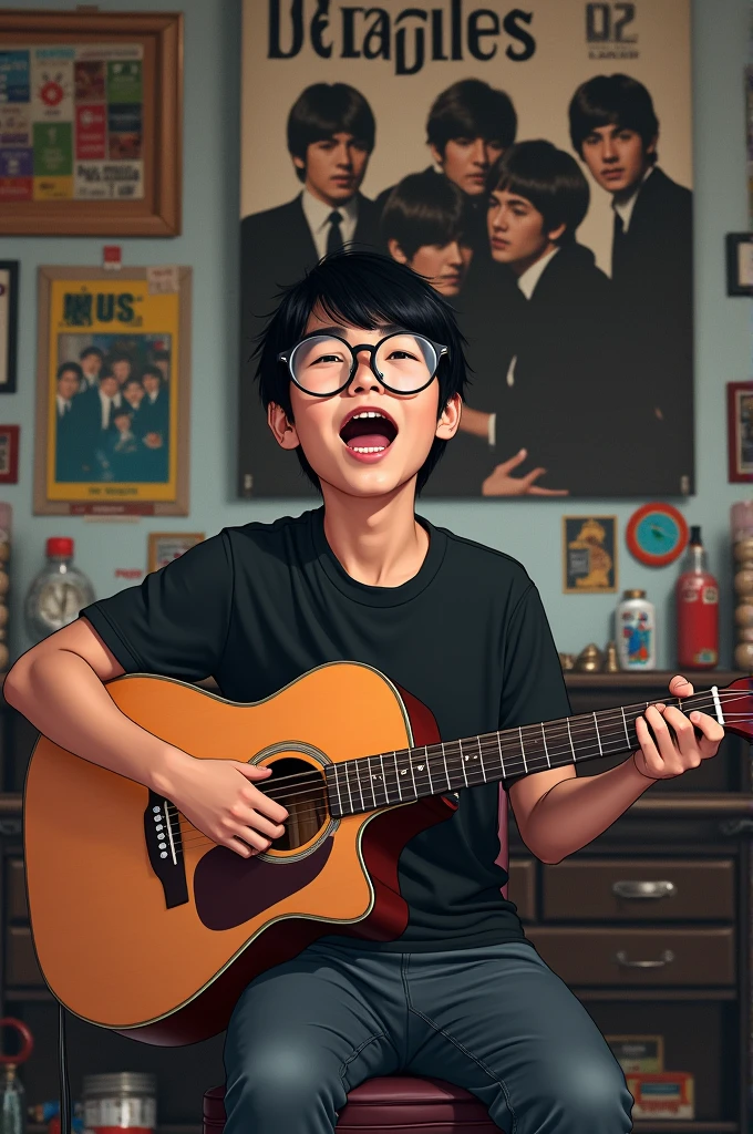 Real life adaption of this character , The handsome face of a little boy, brown skin, laughing expression, realistic same thick afro hair , (realistic same outfit), wearing same glasses,pose playing violin,realistic background , realistic light, realistic shadow, realism, hyper realistic,(photorealistic:1.2), normal small eyes,