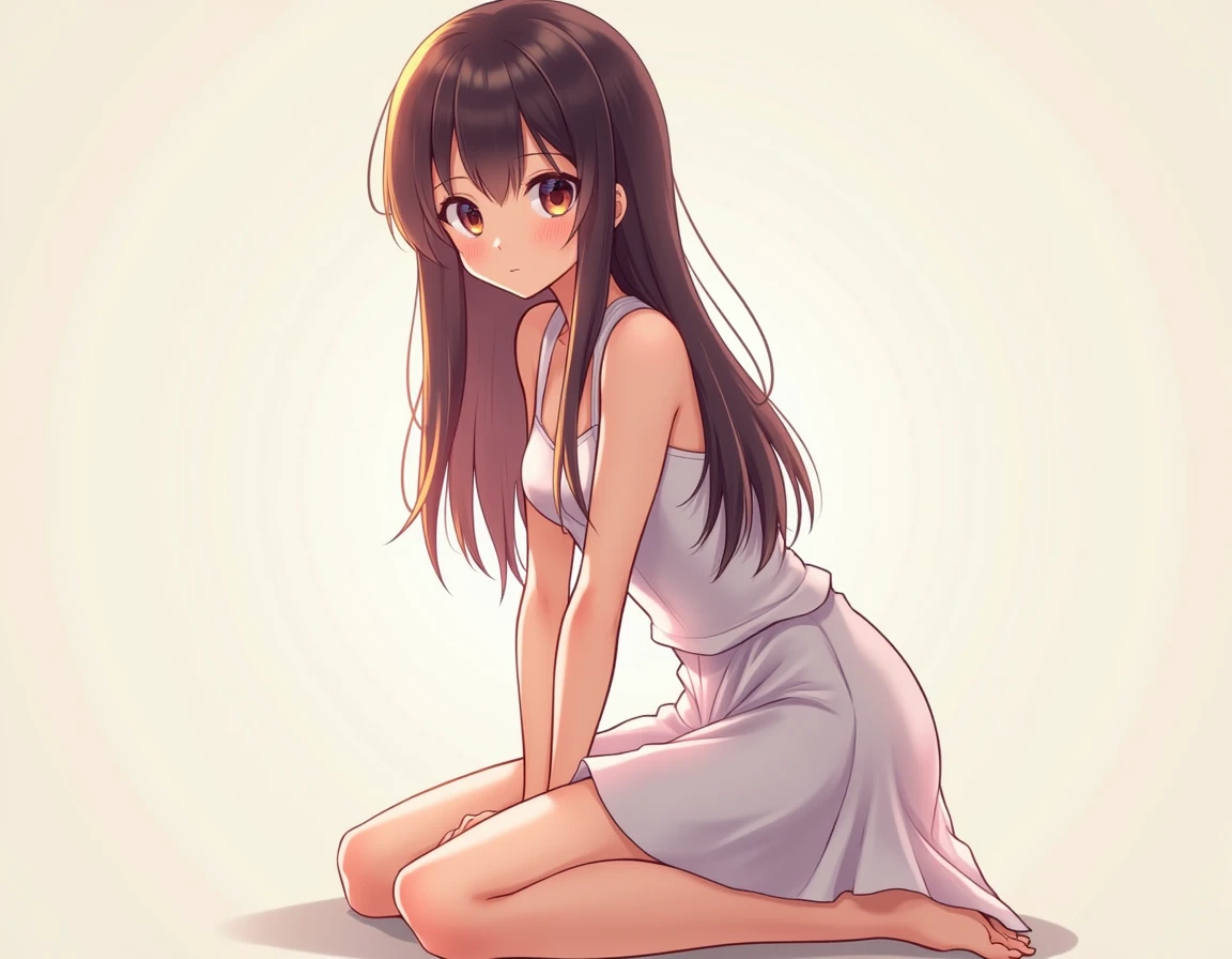 Chibi , full body , big hazel eyes , long wavy hair without bangs , brunette , white summer dress with straps , pretty sandals , blush face , sitting on the floor with a white with tan marks shihtzu dog, smiling face , cute freckles
