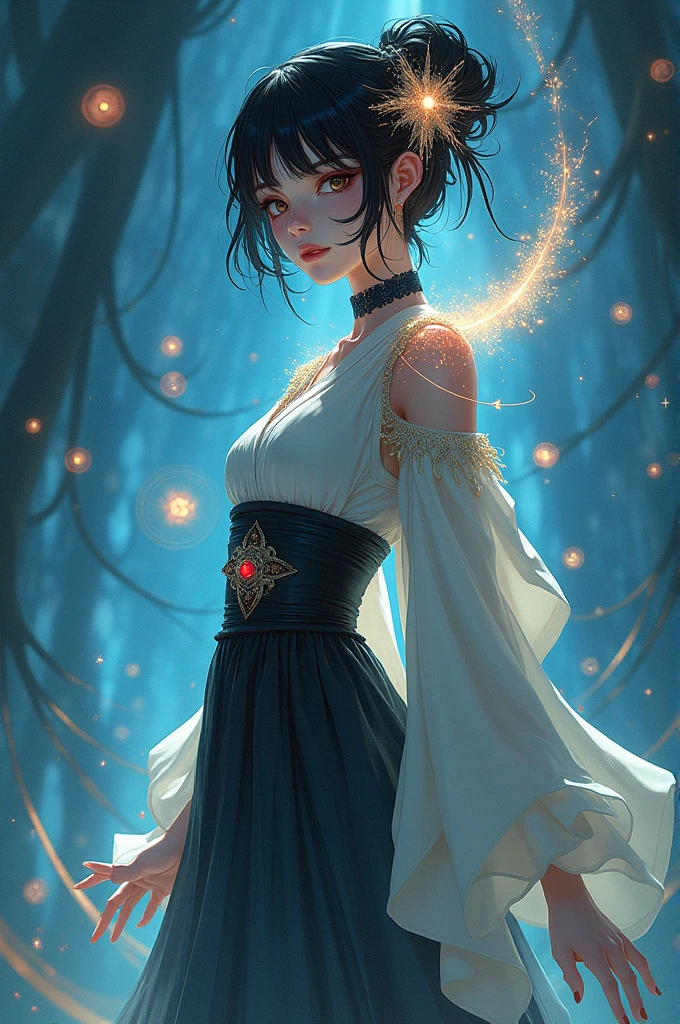 1 woman, happy, black pixie cut hair, alternative hair style, pale skin, delicate feminine mouth, small amber eyes, magic mushrooms in the floor, witch costume, full moon in sky, dark forest backdrop, ethereal, moody lighting, cinematic, dramatic, fantasy, magic, occult, supernatural, hyper detailed, intricate, masterpiece, ultra-detailed, 8k, photorealistic, cinematic lighting, dramatic shadows