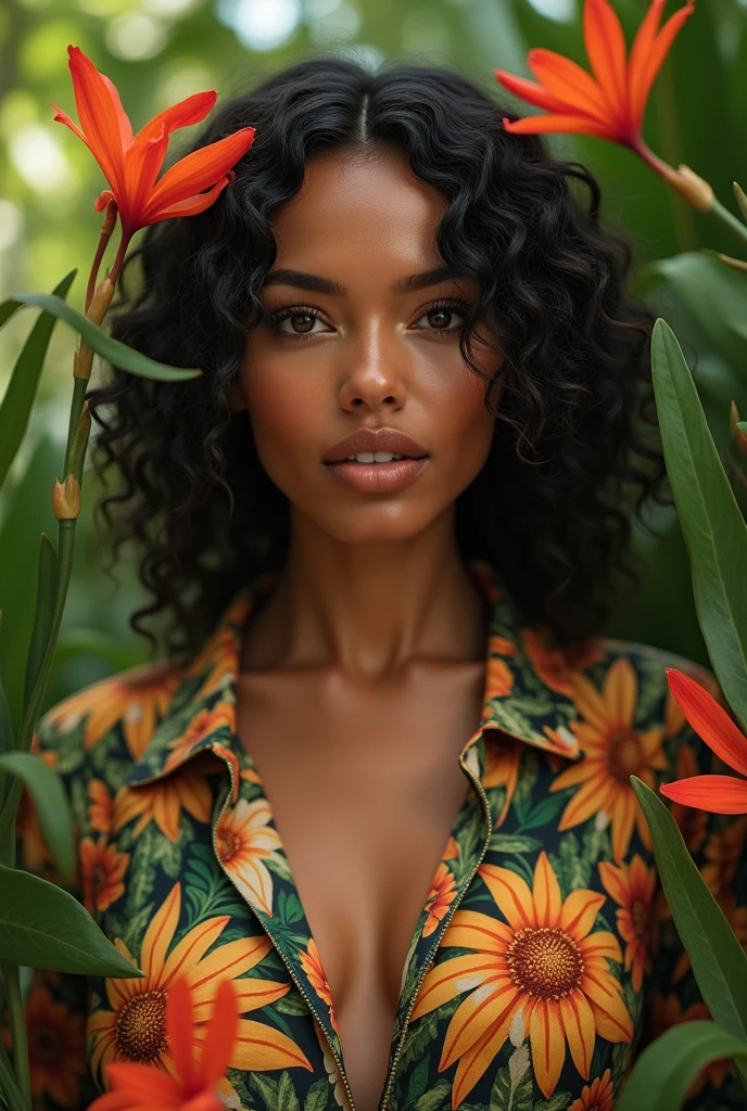 A Brazilian woman in a lush tropical garden, wearing an open shirt with a floral print, with a close-up capturing the harmonious beauty between her breasts and the natural flowers, showing off your natural charm and outgoing personality.