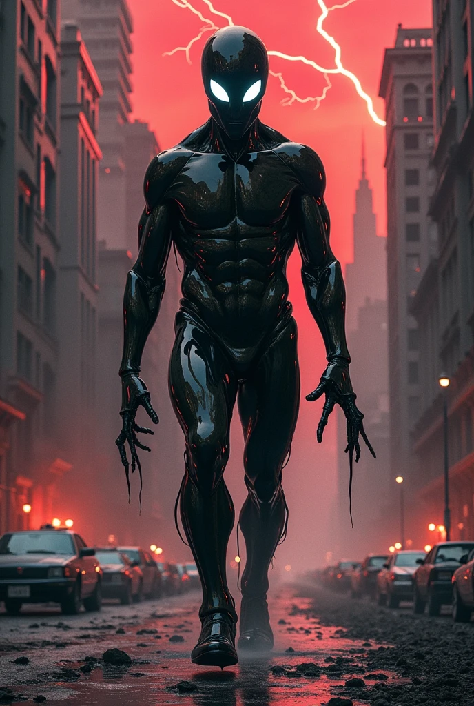 W komiskowym stylu, w stylu DC comics. Super złoczyńca. Stalker nosi obcisły, dark gray overalls, which is both light and durable, made of light-absorbing nanomaterials, co potęguje jego zdolność do niewidzialności. Na twarzy ma maskę z przezroczystego materiału, which allows him to see the world in infrared and ultraviolet, while hiding his identity. His body is slim and the effects of the mutation are clearly visible - his skin is pale., a żyły widocznie pulsują ciemnym kolorem. Even though his legs are paralyzed, they are slightly distorted, co dodatkowo potęguje jego upiorny wygląd. Nogi ma wyprostowane. You can see it levitating slightly above the surface.