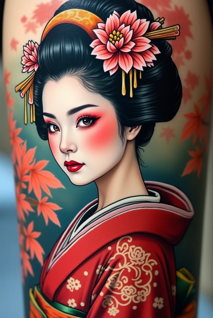 close up with the photography, a beautiful long-haired woman from Indonesia who has tattoos ,and wear a Japanese kimono robe,looking forward,and while holding a cup of black coffee in a transparent clear glass shape, and on the border of his head there is a bubble that says a text called NGOPI SIANG LOR, writing the name of the text with very correct and clear Indonesian spelling,background drawing of a dragon in droste style