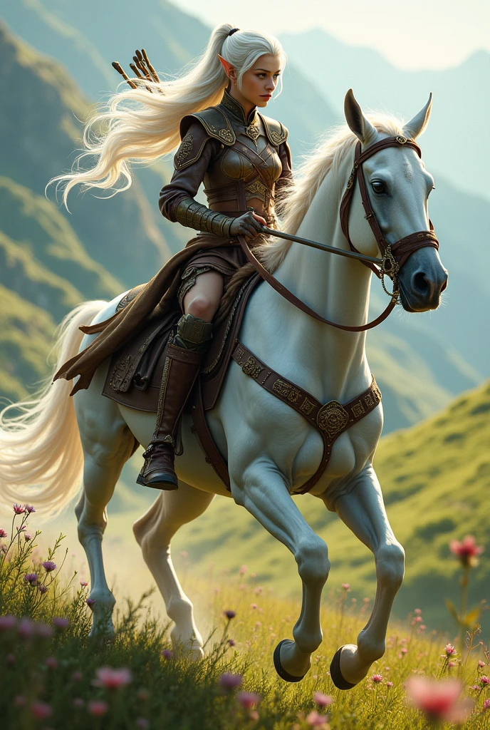 White haired elf rouge woman with a bow in her hand while she ride a white horse