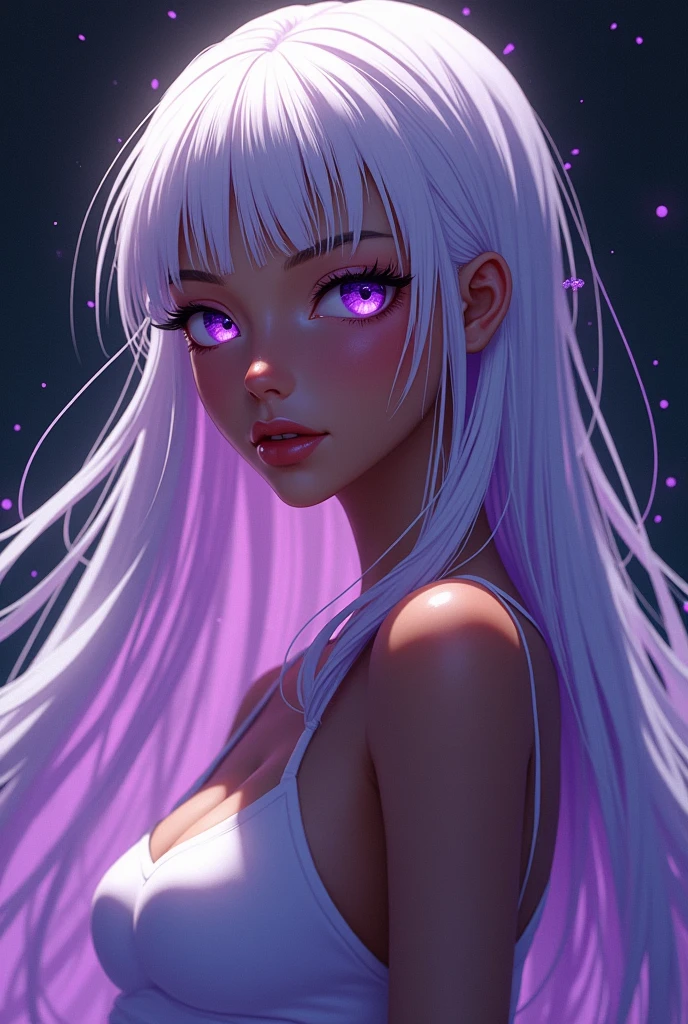 realistic, 1girl, white hair, purple eyes, glowing eyes, crop top, skirt, parted lips, blush, night, flowers, sun, sunlight, in bra