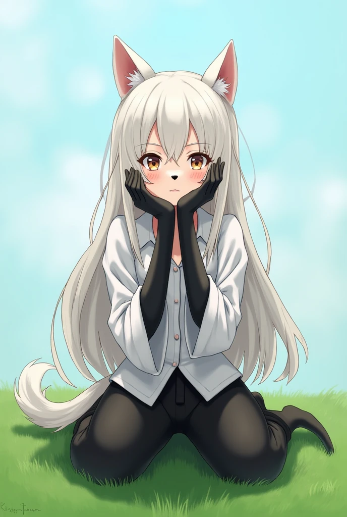  Medium quality ,  A girl, pale skin, blush, rosy shoulders , series,  long hair, straight hair,  fringe on eyes ,  green eyes,  dark green pupils ,  white glitter on the eyes,neko girl, Alone,  white background,  light pink hair, sexy girl, body jacket,  Half Standing ,  vagina sample Sexy, Purring and  