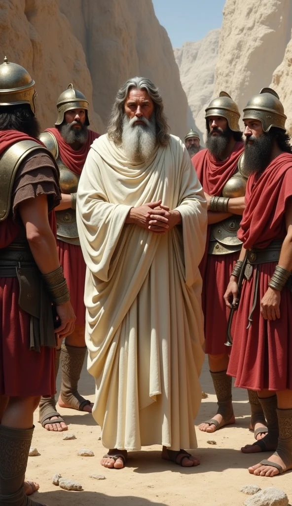 create an image of the philosopher Anaxagoras based on images that already exist of him, he is being held by 3 soldiers