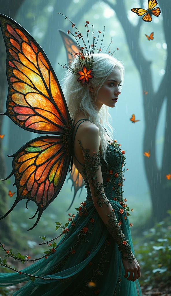 A charming 26 yo German curly blonde stands on an ephemeral stream surface BREAK fierce flowers, chaotic fireflies, flickering butterflies, particles clouds, broken reflections, shifted reality, elemental rage, magic tornado BREAK heartbreaking fantasy art, mind-blowing painting, unreal night scenery, made out of  ral-polishedsteel <lora:ral-polishedsteel:1>