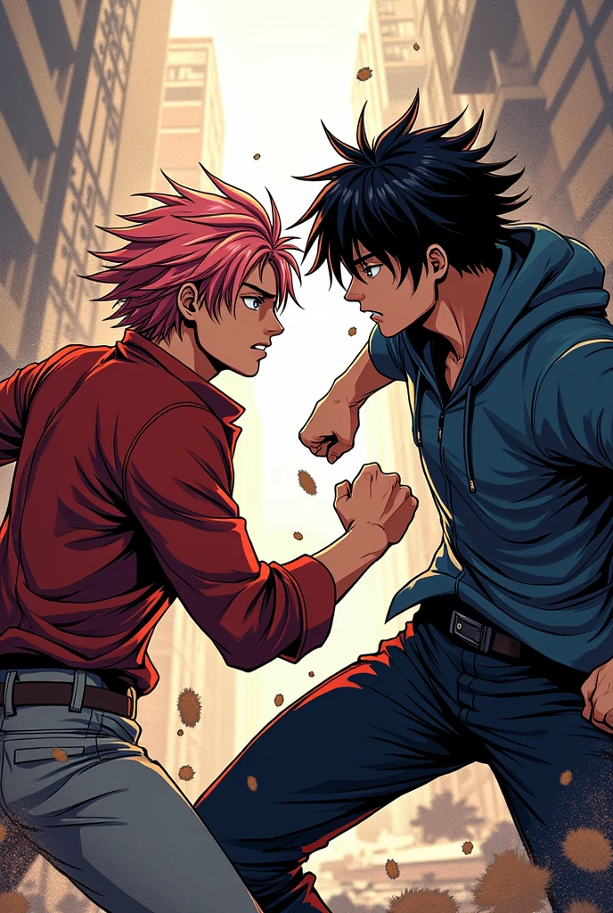 Skinny boys fighting, fight between boy with short pink hair without shirt in pink pants, against short black hair shirtless black shorts tennis, manga version of jojo dio vs jotaro
