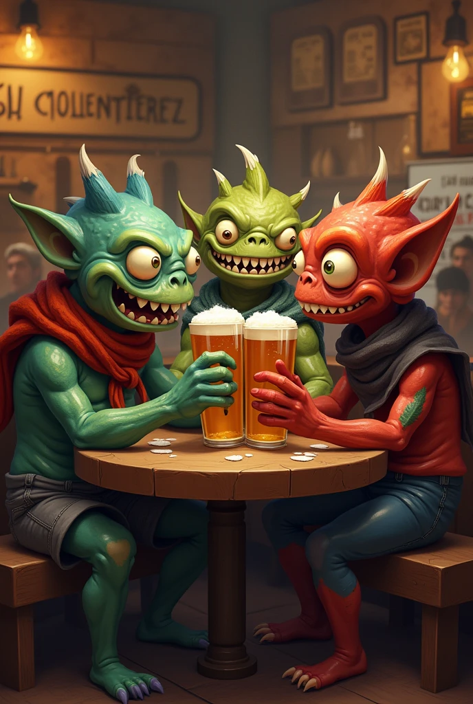 the club, female monsters have fun in the pub (art inspired in Skottie Young and Bill Sienkiewicz). oil painting)