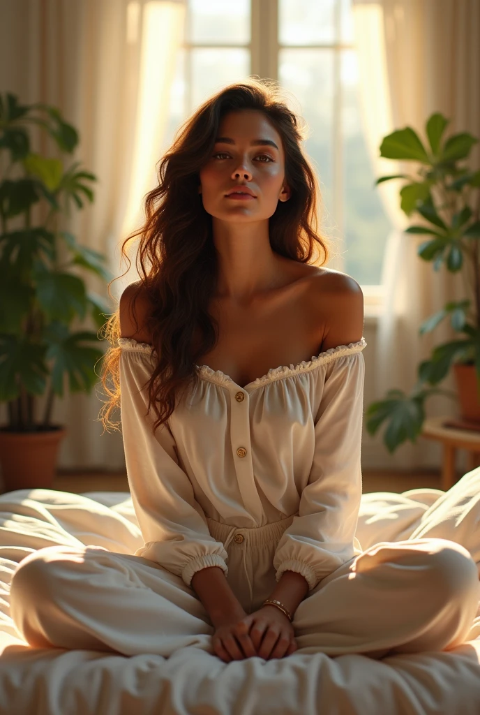 (photorealism:1.2), beautiful woman, sitting on bed, wearing loose off-shoulder top, pajama pants, long curly hair, indoors, soft lighting, plants in background, window with sunlight, cozy room, relaxed pose, realistic, intricate details, warm colors, by Greg Rutkowski, by Alphonse Mucha