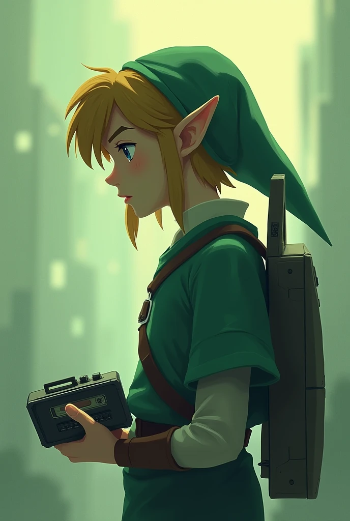 A pfp image of the link of Zelda in Lo-fi style listening to music on an aesthetic Walkman 
