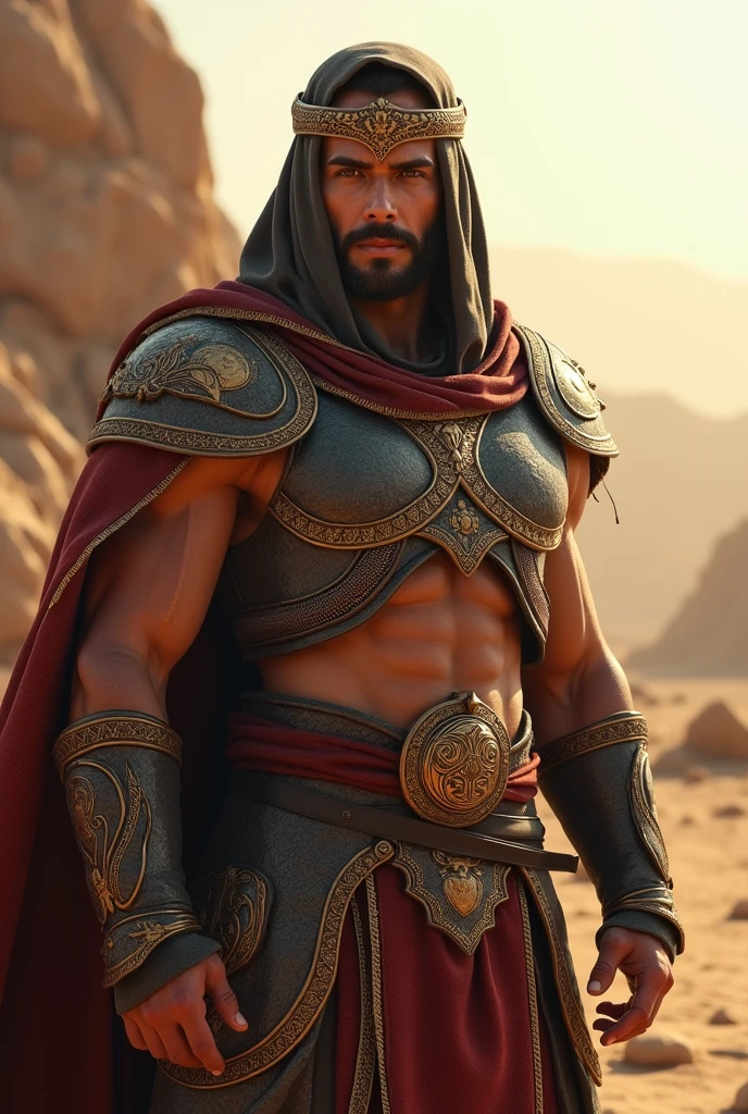 Handsome from Kazakhstan. The color of the hero's suit is brown. He is dressed without a shirt., but there is something like a cloak and a hood, but make it a hero costume. The cloak and hood are luxurious. Brown reverse logo on her hero costume