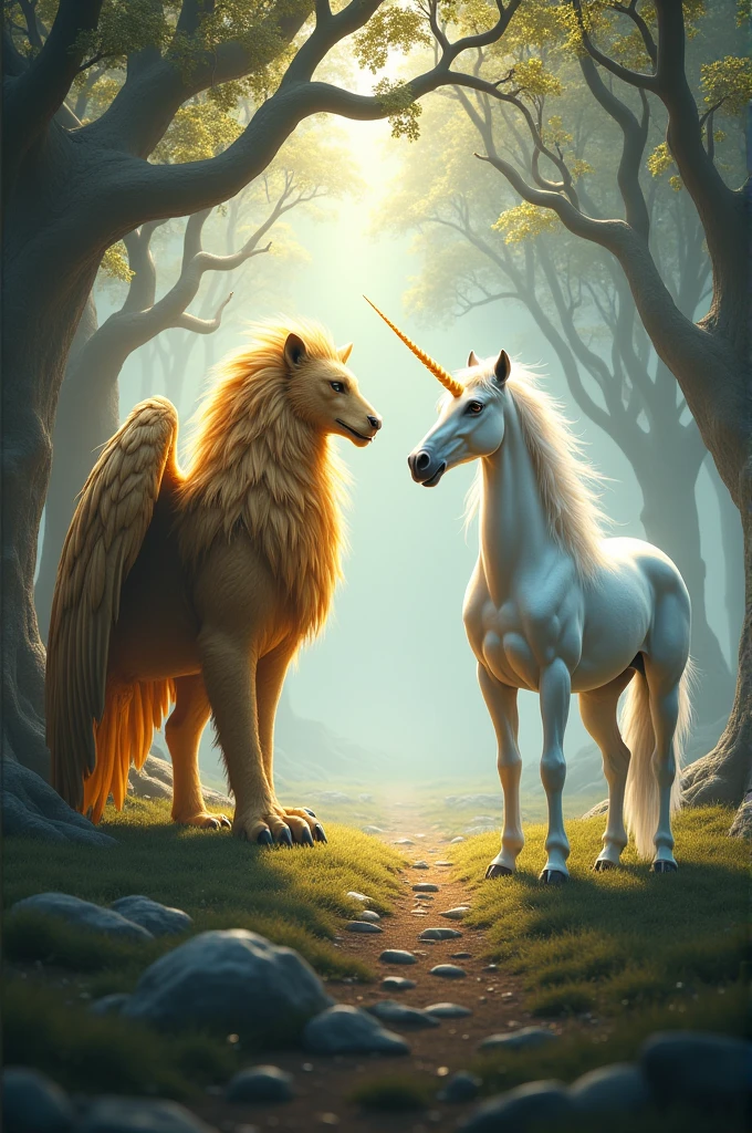 Unicorn in a forest with a rainbow hair that has wings fighting with a lion