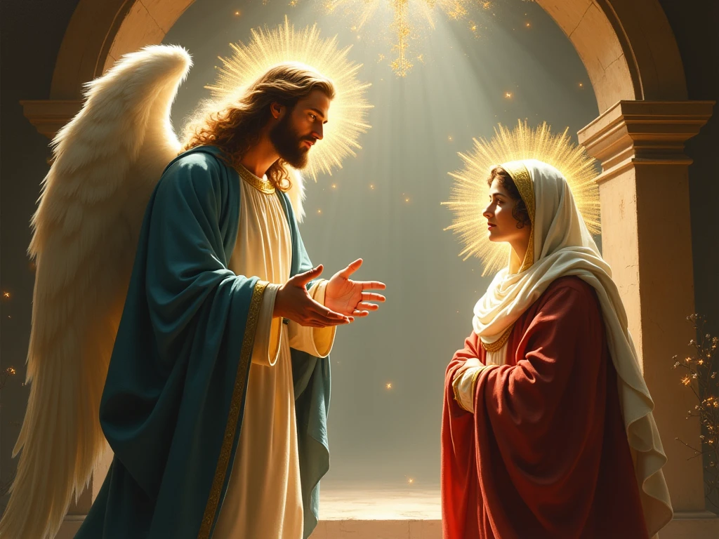 Stunning Mary of Nazareth, mother of Jesus,  in a flowery park, blue sky and sun illuminating Maria, an angel blessing mary, 8k photo, divine countenance, Disney style Piar