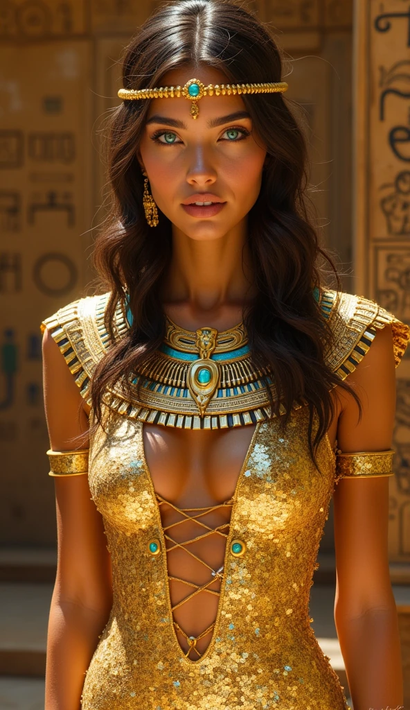 close-up, absolutely naked cute sexual girl , smells gold rose in her hand and looking at me, flirt, cyberpank gold decorations on body,nacked breast, against the backdrop gold Egyptian columns, ultra high quality detailing