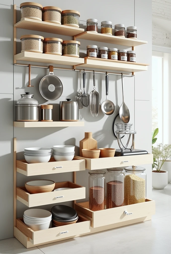 there is a woman that is hanging a rack with utensils, shelf, metal kitchen utensils, bottom angles, full subject shown in photo, fully functional, exclusive, stainless steal, Rack, High quality photos, stainless steel, Modern look, rack, exploitable image, fully detailed, goodlooking, product introduction photos, Domestic, kitchens, shelves, 90mm
