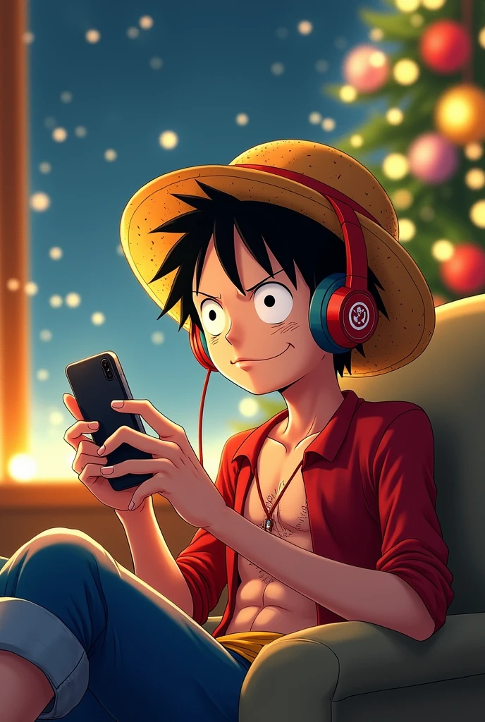Create an ultra realistic image of Luffy with your cell phone in your hand
