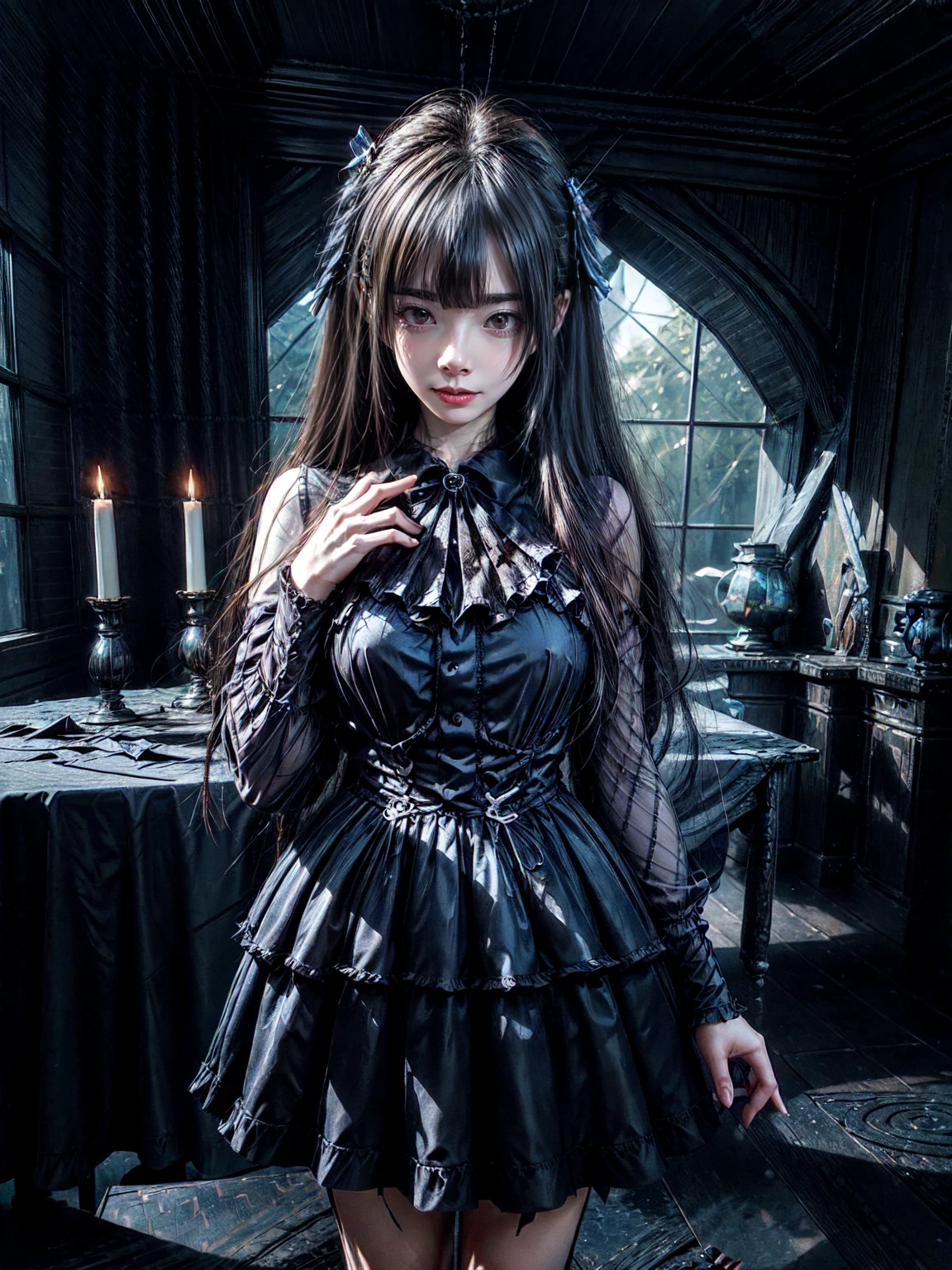 **Prompt:** Create an ultra-realistic 8K resolution image of Tsukuyomi, the Japanese moon god from Shinto mythology, reimagined as the ultimate Gothic Lolita (GothLoli) character while retaining the deity's iconic features. Tsukuyomi is depicted with a hauntingly beautiful and ethereal appearance, with long, flowing silver hair styled in elegant curls that cascade down her back, accented by delicate lace and dark, ornate hair accessories that evoke the night sky.
Her outfit is a masterpiece of Gothic Lolita fashion, featuring a richly detailed black and deep blue Victorian-inspired dress with intricate lace, ruffles, and moon-shaped embroidery. The dress is layered with tulle and adorned with silver chains and gothic crosses, creating a dark yet sophisticated look. She wears knee-high lace-up boots with silver accents, and her hands are covered in lace gloves that add to her mysterious and elegant aura.
Tsukuyomi's eyes are a piercing silver, glowing with an enigmatic light that reflects her divine nature, while her expression is calm and slightly melancholic, hinting at the moon's distant beauty. A small, ornate crescent moon headpiece sits atop her head, adding to the celestial theme.
The background is a dark, moonlit garden filled with gothic architecture, such as wrought iron gates and marble statues, all bathed in a soft, eerie light that enhances the otherworldly atmosphere. The setting perfectly complements Tsukuyomi's GothLoli transformation, blending the deity's celestial origins with the intricate beauty of Gothic Lolita fashion, creating a captivating and unique character.
