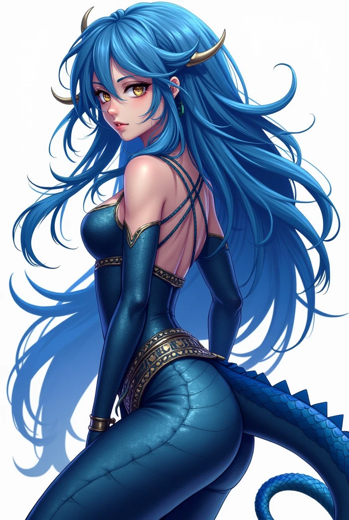 ((Highest quality、unity 8k wallpaper、32k、masterpiece、Very detailed、Ultra-high resolution、Ultra-high resolution、 Very detailedな顔, RAW Photos, Professional, Ultra-fine painting, Anatomically Correct Dragon Girl)) Yui Kotegawa transforms into a Blue Dragon, kotegawayui, long hair, Yellow Eyes, ((Reptile Eyes))、mouth with sharp fangs,、(((Impressive lizard tail extending from tailbone))) 、(((Giant blue bat wings growing from his back)))、((Dragon legs with sharp claws、Covered in fine scales from the toes to the thighs、Covered in fine blue scales from fingertips to shoulders、Long nails on the fingertips))、Nipples are fully visible、(The boundary between the scales and the skin is unclear)、((A small fin on the spine that continues to the tail))、back focus