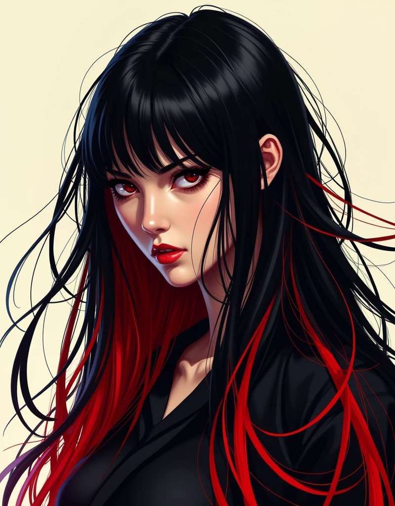 mature woman, long black hair with red highlights , red eyes, black dress with high collar,black lipstick , 90s anime style