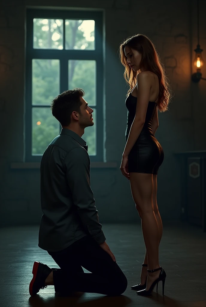 A man submissive to the foot of a redheaded woman with a slim waist 