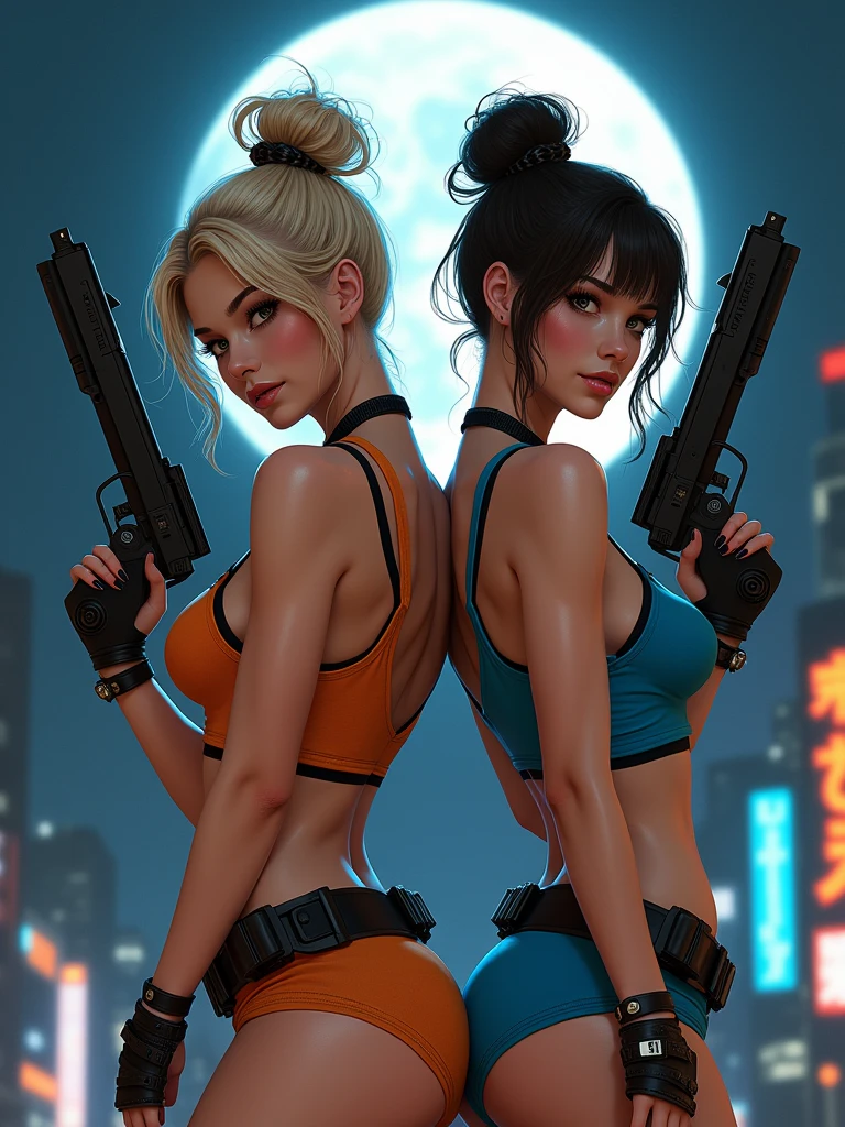 a woman hugging another woman from behind , blushing, (one woman has green eyes, white skin, long black hair, ponytail, choker, small breasts, lipstick, makeup, eyeliner), (other woman is a blond with brown eyes), wearing a neon sexy bikini, on the pool, (cyberpunk theme), (masterpiece, best quality, 8k, sharp focus, depth of field, best shadows, perfect lights,  HDR, realistic skin texture, ultra-detailed and detailed background),