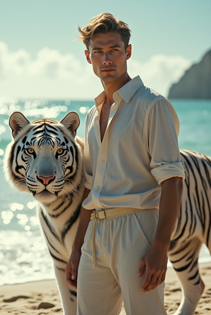 A handsome beautiful slim white skin shirtless man in the desert with two leopards