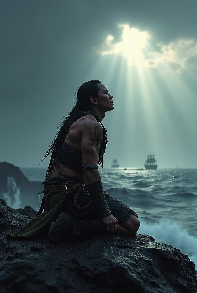 Kai is a lean, wiry teenager with tanned skin from long days spent under the sun. His hair is dark and unruly, A weathered lighthouse standing tall on a rocky island, its beam piercing through the stormy night."**