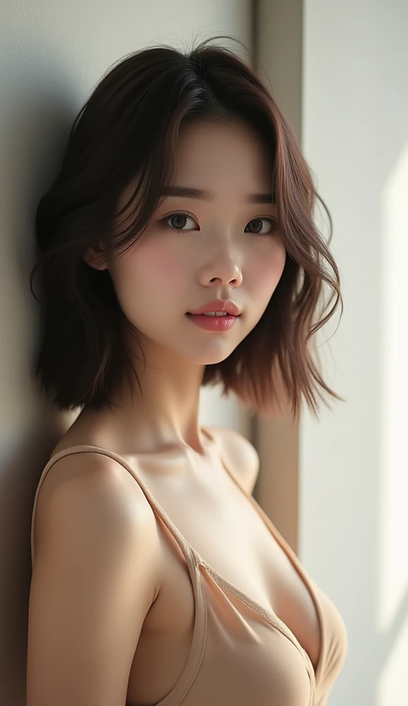 Japanese women、50 years old、Brown Hair、Shortcuts、White camisole、Bcup、whole body