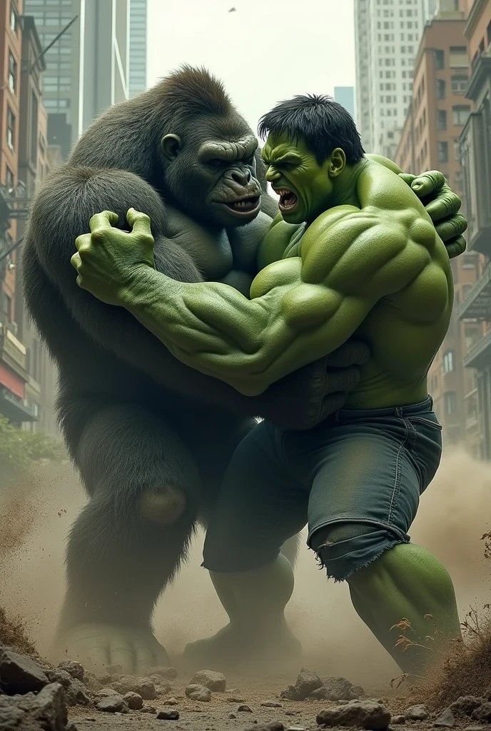 create image real Hulk vs Gorilla, realism, photorealistic, detailed visuals