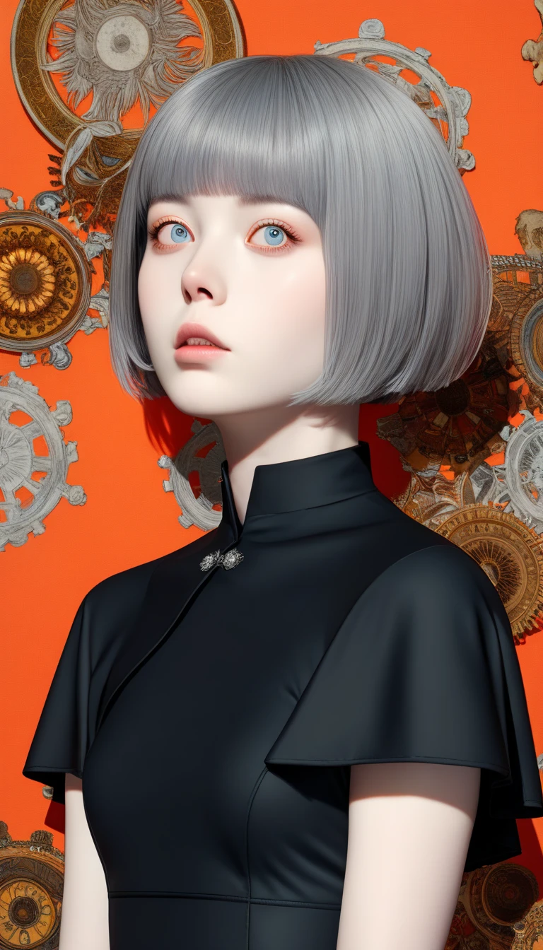 ((wallpaper 8k)), (( surreal)), (( Quality that shines with attention to detail:1.2)),  1 girl, １４、Kind eyes、  plump lips、Grey Hair、Fatigue、((( small breasts)))、Black Classy Dress , black capelet ,  looks up, Widespread poverty, (((  short bob、Grey Hair:1.5)))、 white skin