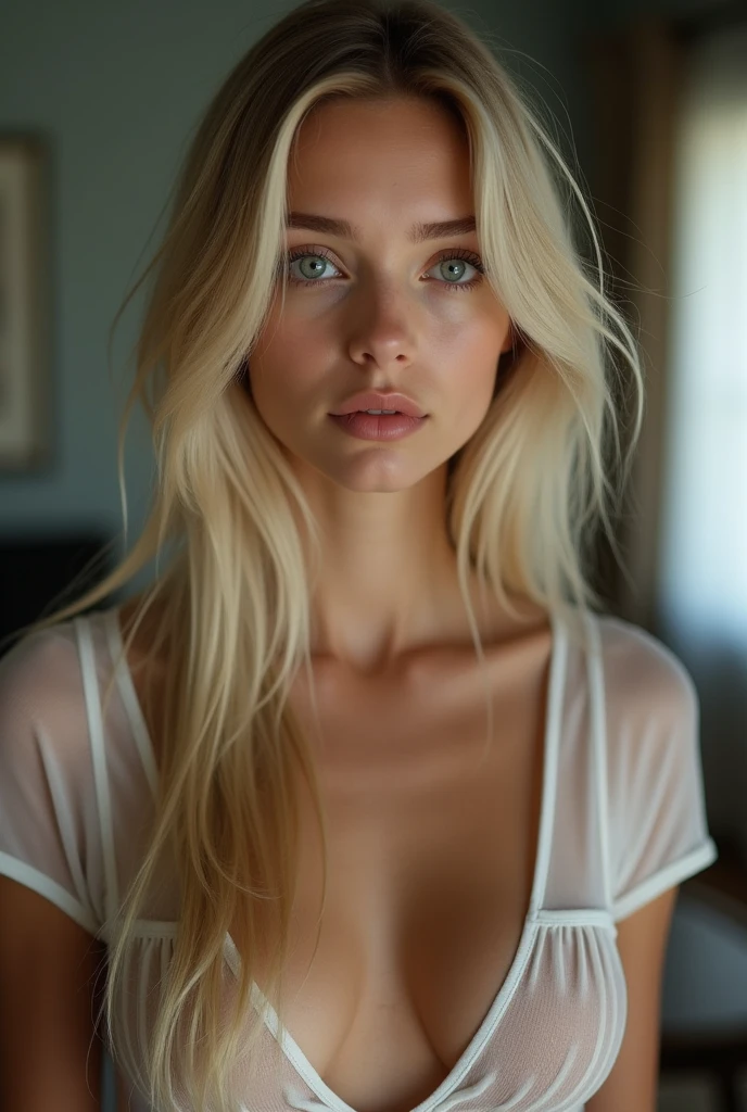  girl with long blonde hair, albino, lovely eyes, pale skin, flat chest,t-shirt, dark room, darkness, with a more elegant and sophisticated touch, something, which corresponds to her mysterious and strong personality. General, her appearance would be striking, attracting curious and intrigued glances, flat chested, cinematic lighting, chromatic aberration, Backlight, masterpiece, high detail, high quality, 4K.