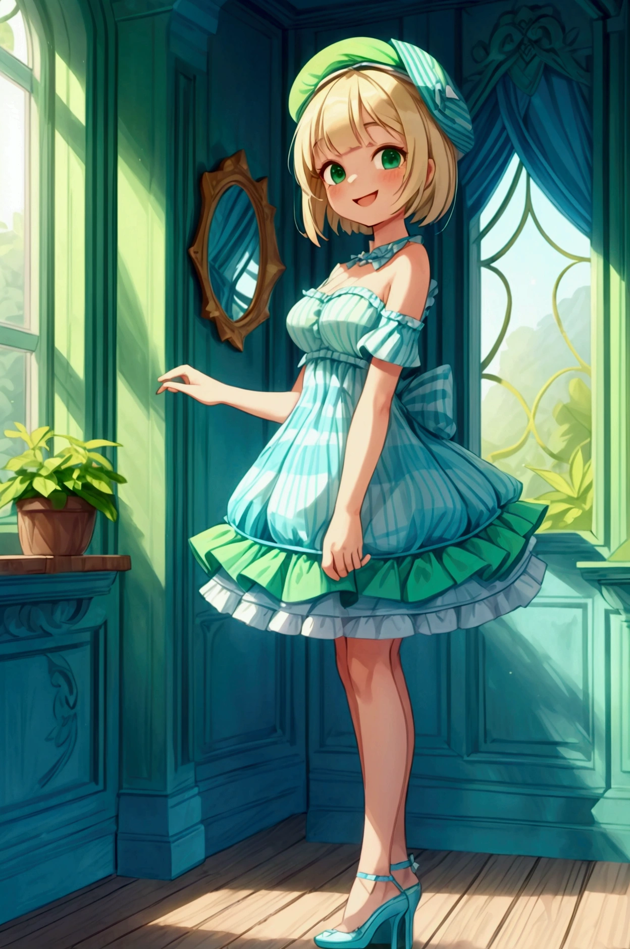 (masterpiece, best quality) 1 girl (Landscape: standing, indoor, intricate detail, sunlight) (Outfit: blue and green frilly striped dress with short neckline, high heels, beret) (Body: white blonde short hair, green eyes, teen gorgeous body, gorgeous legs, lovely, pronounced big breast, smiling