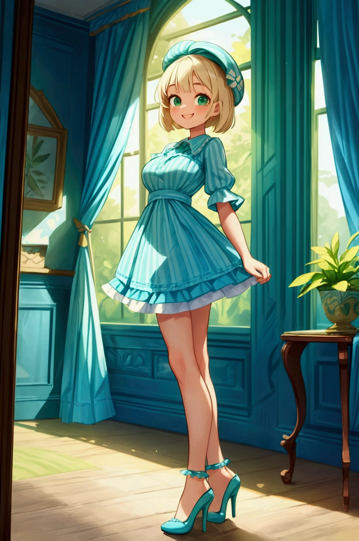 (masterpiece, best quality) 1 girl (Landscape: standing, indoor, intricate detail, sunlight) (Outfit: blue and green frilly striped dress with short neckline, high heels, beret) (Body: white blonde short hair, green eyes, teen gorgeous body, gorgeous legs, lovely, pronounced big breast, smiling