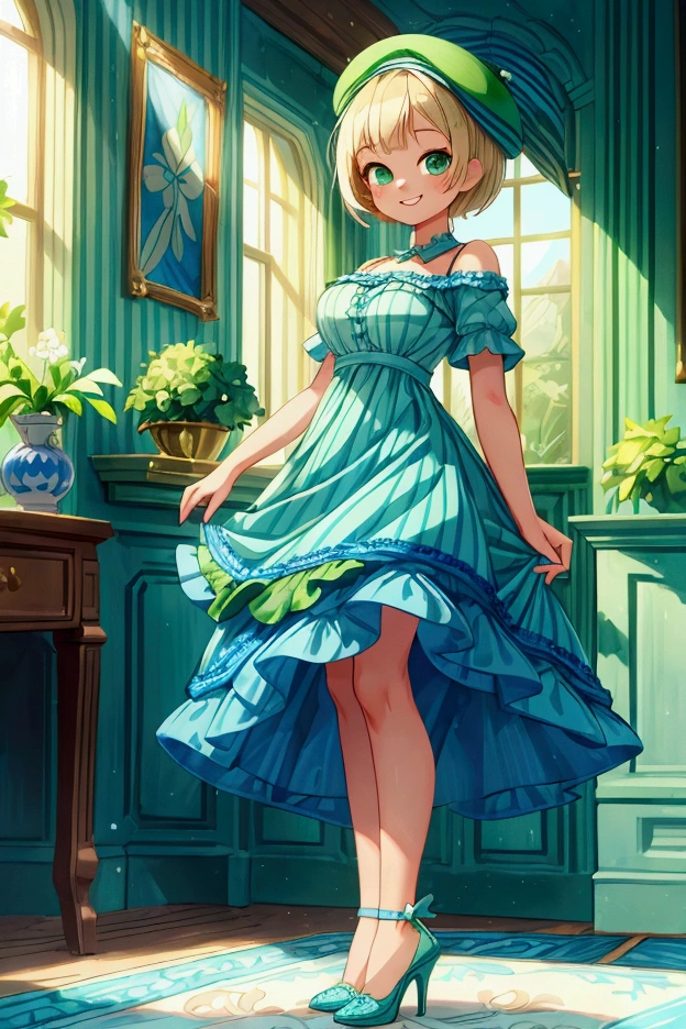 (masterpiece, best quality) 1 girl (Landscape: standing, indoor, intricate detail, sunlight) (Outfit: blue and green frilly striped dress with short neckline, high heels, beret) (Body: white blonde short hair, green eyes, teen gorgeous body, gorgeous legs, lovely, pronounced big breast, smiling