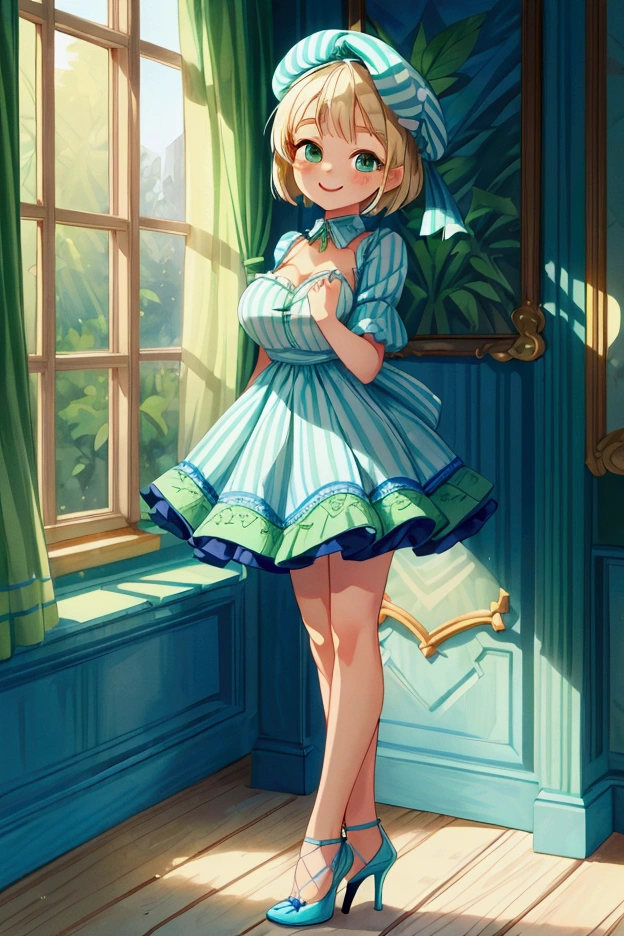 (masterpiece, best quality) 1 girl (Landscape: standing, indoor, intricate detail, sunlight) (Outfit: blue and green frilly striped dress with short neckline, high heels, beret) (Body: white blonde short hair, green eyes, teen gorgeous body, gorgeous legs, lovely, pronounced big breast, smiling